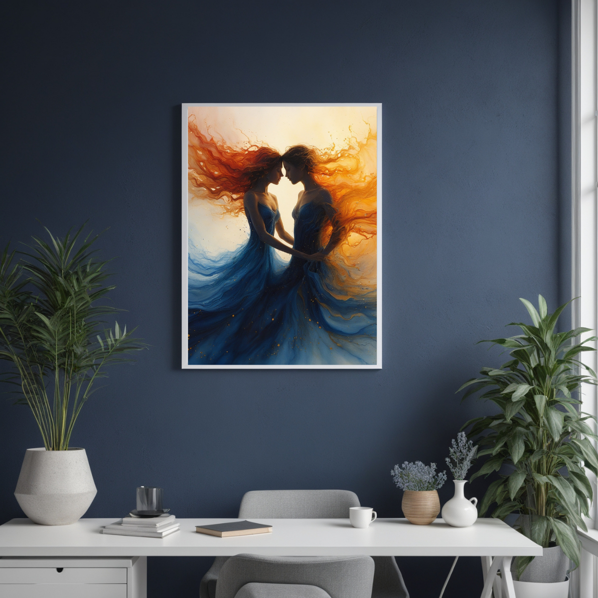 Yin Yang Feminine Energy Wall Art | Fire & Ocean Dress Painting | Spiritual Abstract Canvas