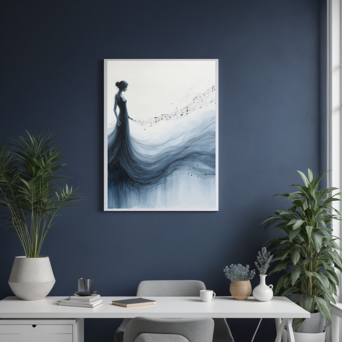 Elegant Lady with Music Wall Art | Navy Gown Silhouette | Artistic Modern Canvas Print