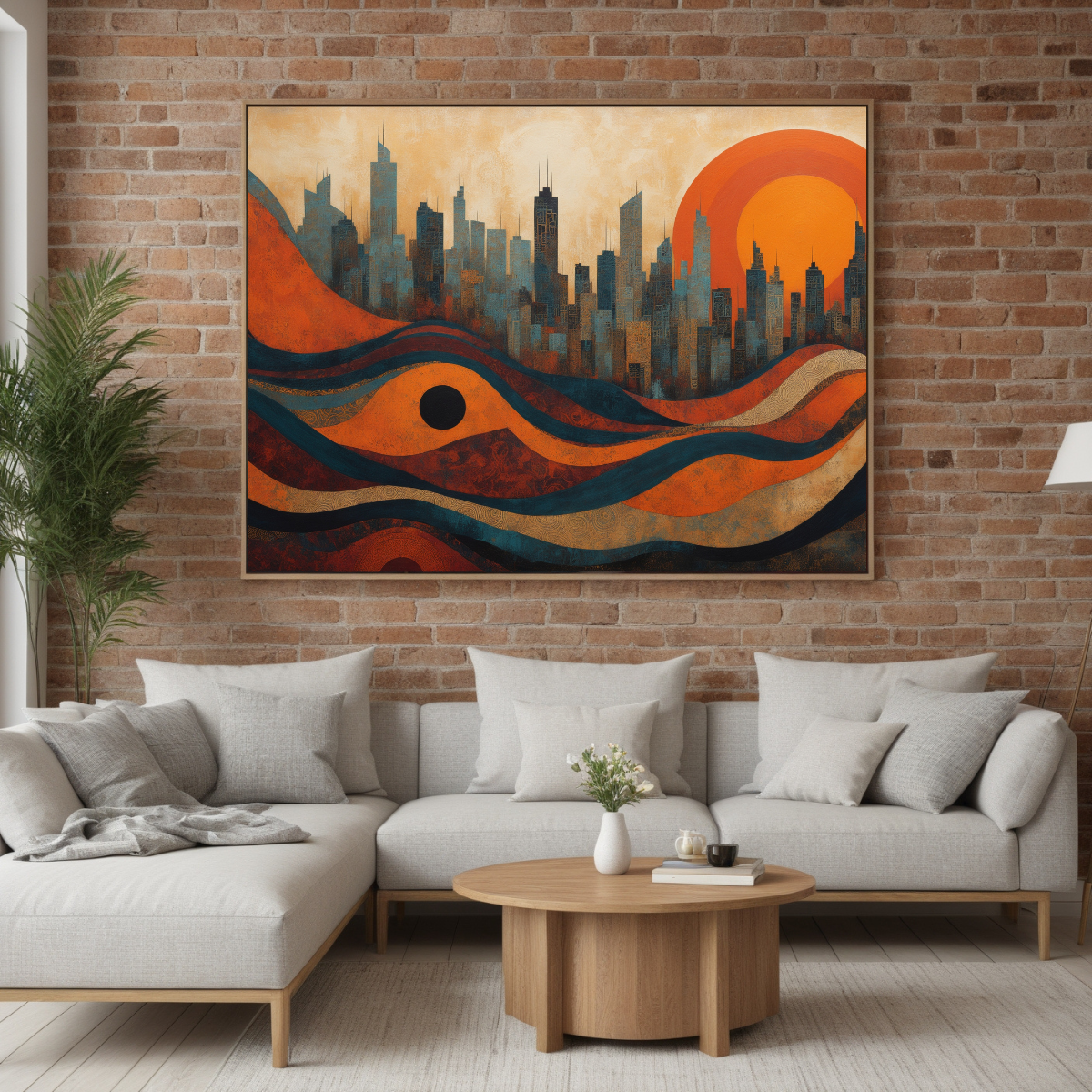 Modern Abstract Cityscape Art | Sunset Skyline & Waves Print | Urban Wall Decor