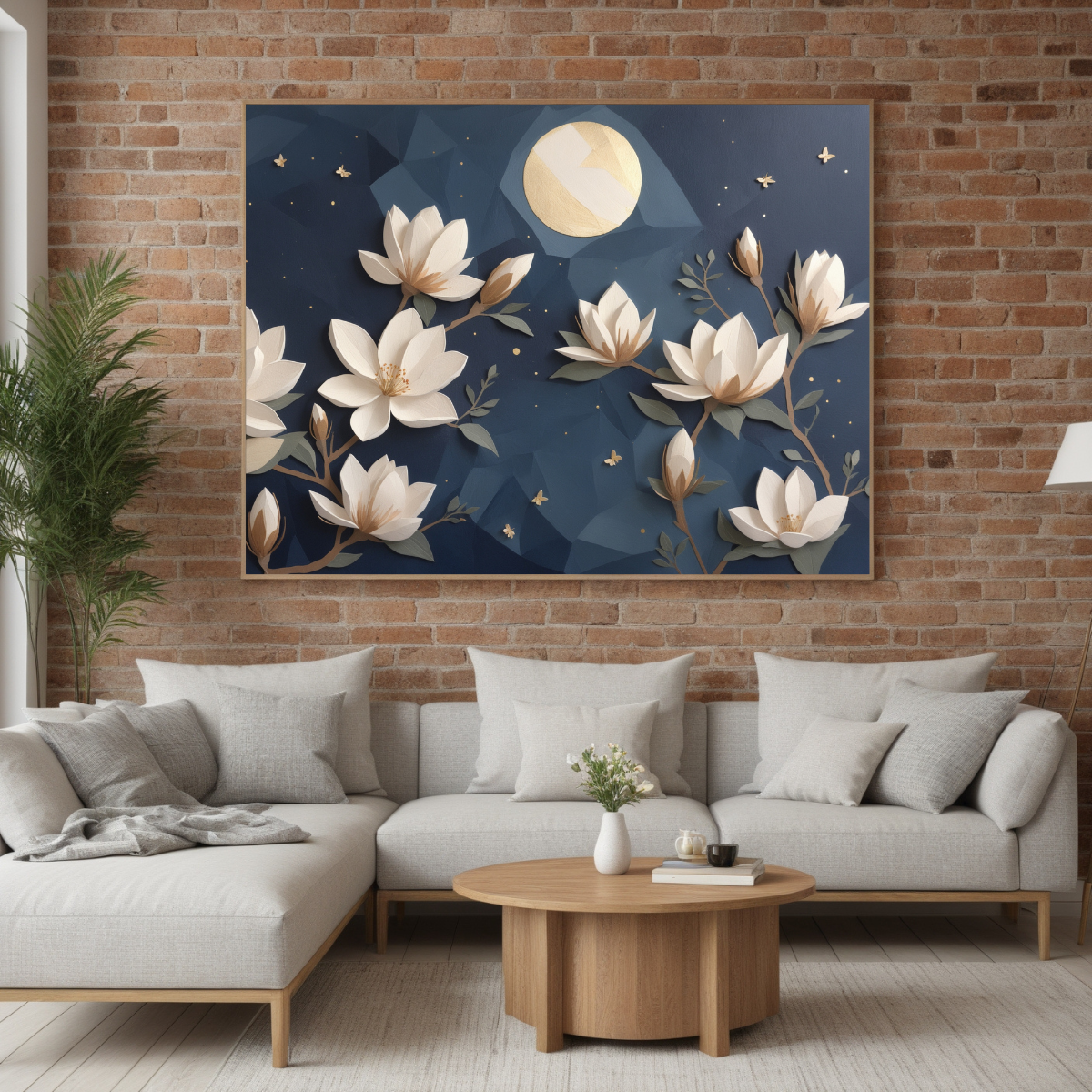 White Magnolia Flower Triptych | Dark Blue Moonlit Background | Romantic Botanical Wall Art