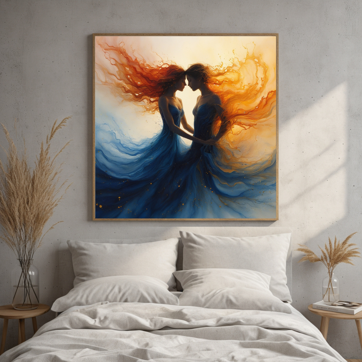 Yin Yang Feminine Energy Wall Art | Fire & Ocean Dress Painting | Spiritual Abstract Canvas