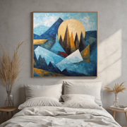 Geometric Mountain Triptych | Blue & Gold Abstract Landscape Wall Art | Modern Canvas Set
