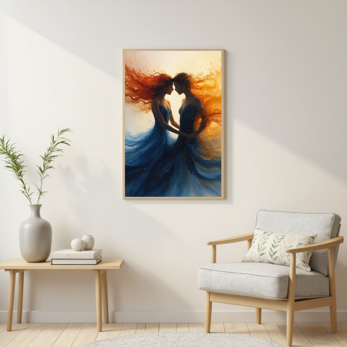 Yin Yang Feminine Energy Wall Art | Fire & Ocean Dress Painting | Spiritual Abstract Canvas