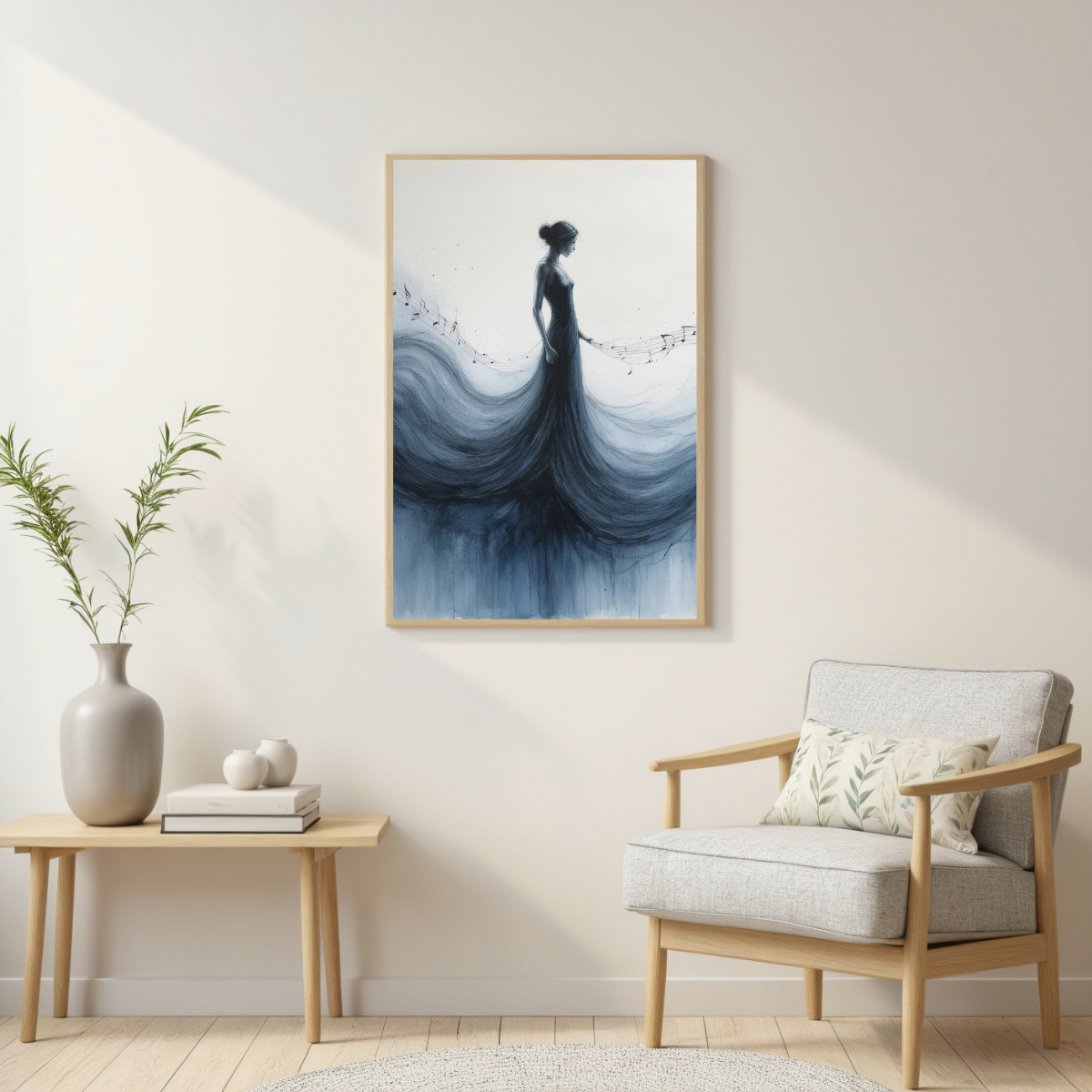 Elegant Lady with Music Wall Art | Navy Gown Silhouette | Artistic Modern Canvas Print