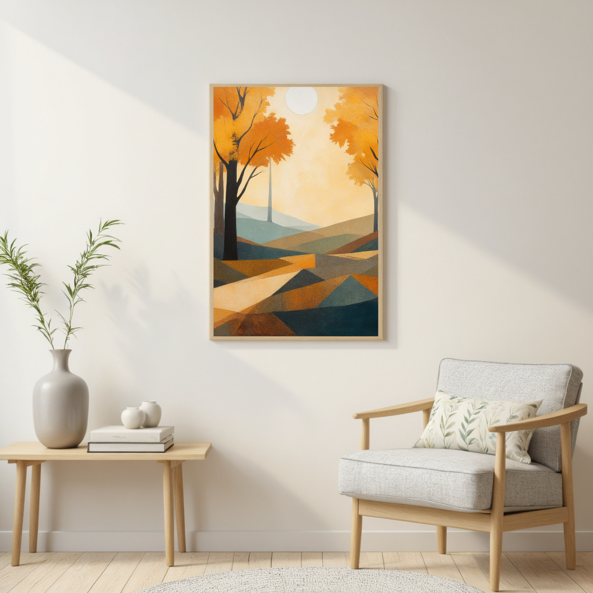Geometric Autumn Forest Wall Art | Orange & Gold Fall Landscape | Nature-Inspired Canvas