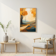 Geometric Autumn Forest Wall Art | Orange & Gold Fall Landscape | Nature-Inspired Canvas