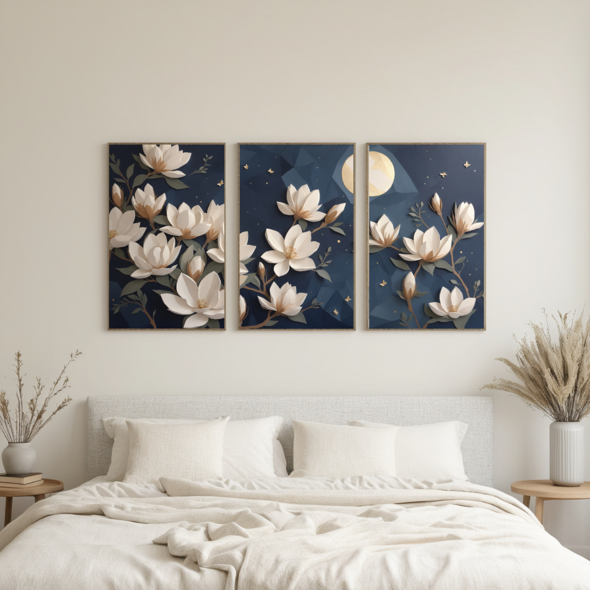 White Magnolia Flower Triptych | Dark Blue Moonlit Background | Romantic Botanical Wall Art