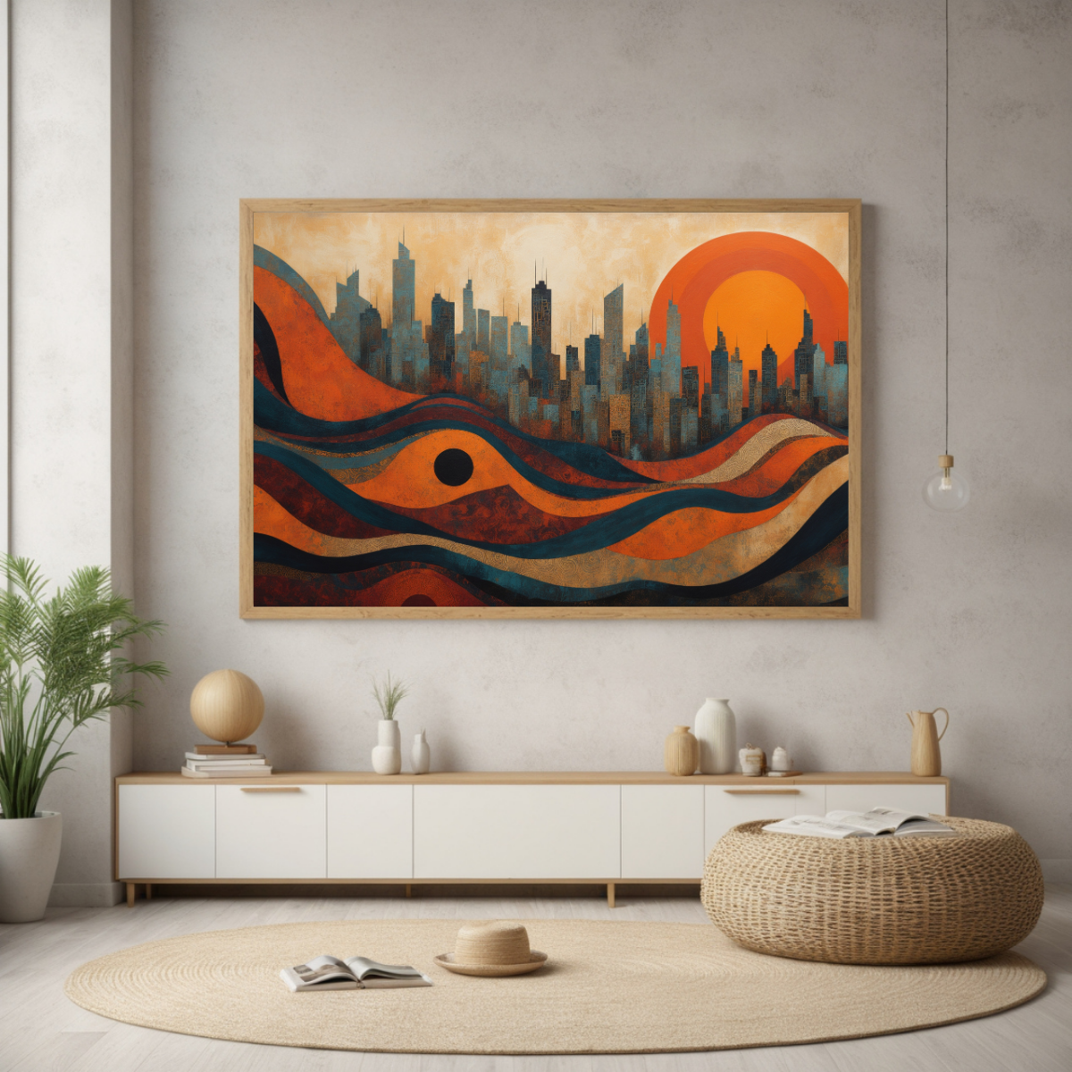 Modern Abstract Cityscape Art | Sunset Skyline & Waves Print | Urban Wall Decor