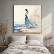 Elegant Woman in Blue Dress Art | Minimalist Coastal Canvas