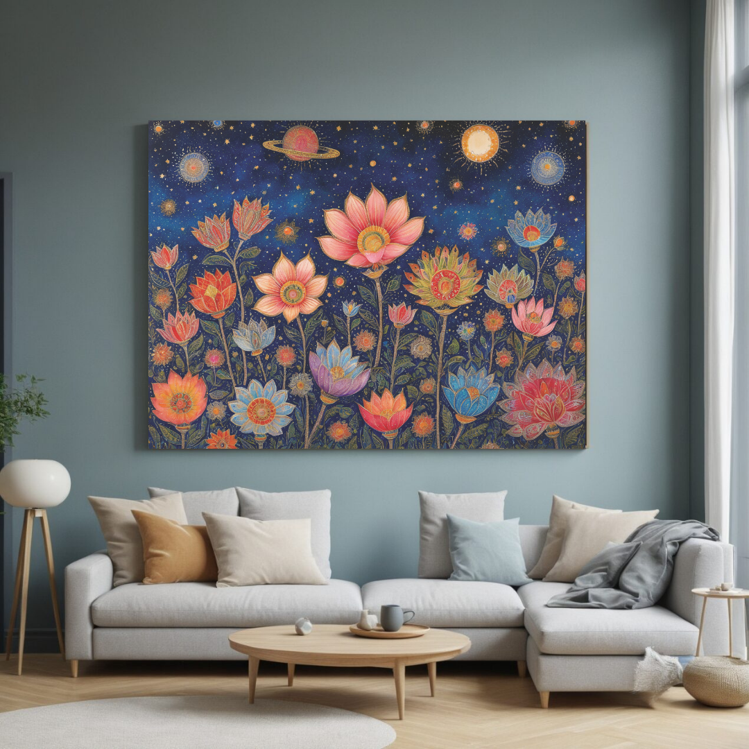Mystical Floral Night Sky Art | Dreamy Canvas Wall Decor"