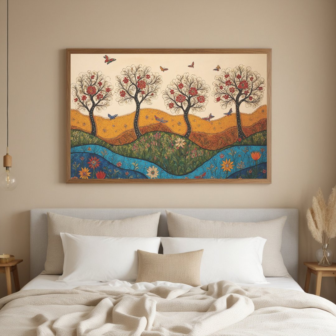 Madhubani Magic – Blooming Trees & Butterflies | Boho Nature-Inspired Canvas Wall Art