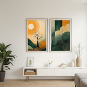 Lone Tree Under Sun Canvas | Warm Abstract Nature Scene | Boho Modern Wall Art