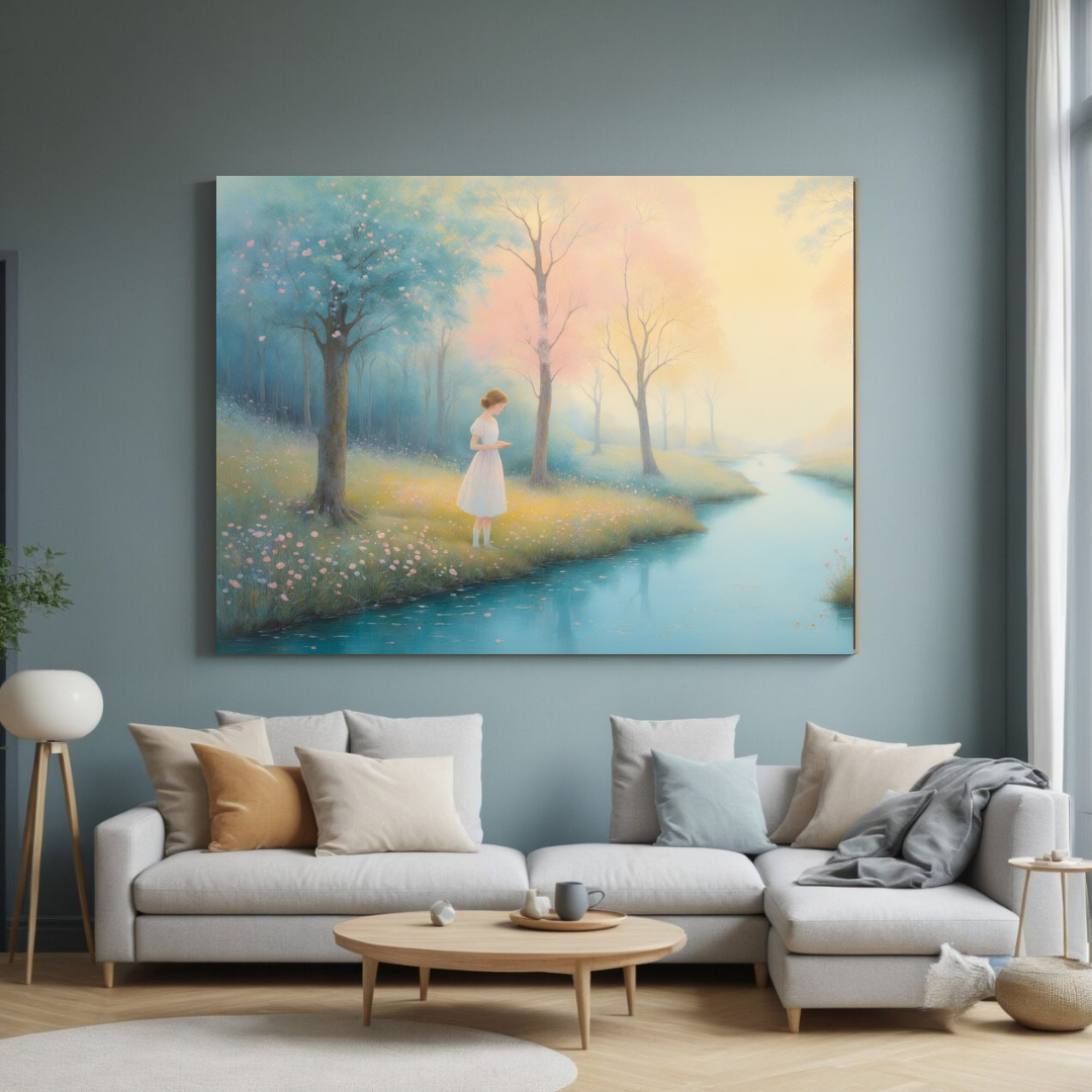 Girl by the Blossoming River – Canvas Wall Art