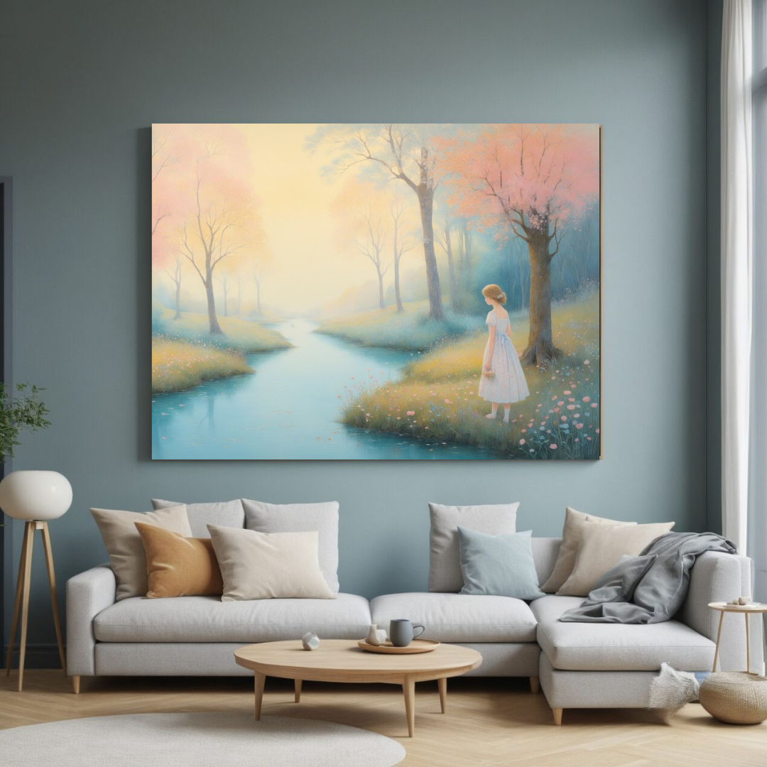 Girl by the Blossoming River – Canvas Wall Art